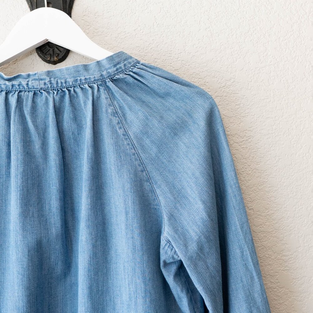 Madewell Chambray Top XS Blue Cotton Lyocell Tie Neck Boho Lightweight Blouse - Picture 10 of 12